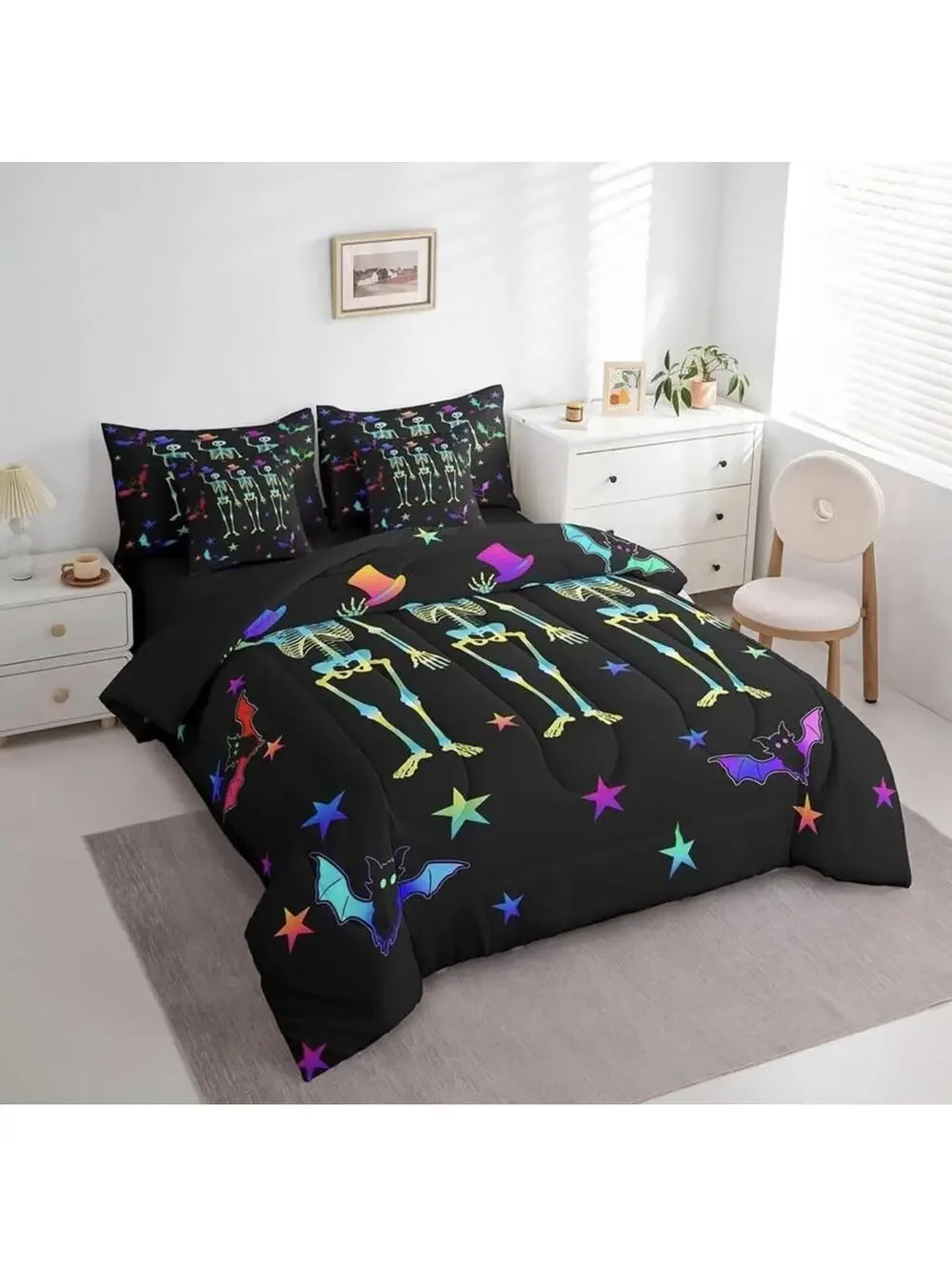 Erosebridal Sugar Skull Queen Size Comforter Horror Theme Sheet Set - Brand New